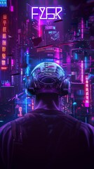 Man Exploring Futuristic Cyberpunk City With Neon Lights. Generative AI - obrazy, fototapety, plakaty