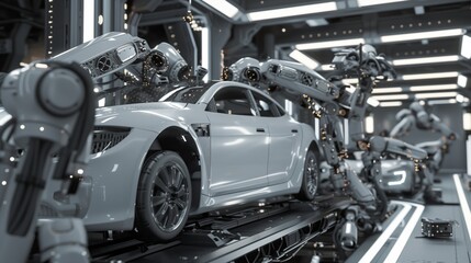 Fototapeta premium Car Being Assembled on Conveyor Belt in Factory. Generative AI