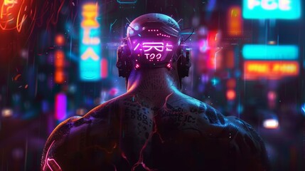 Man Listening to Music With Headphones and Neon Lights. Generative AI