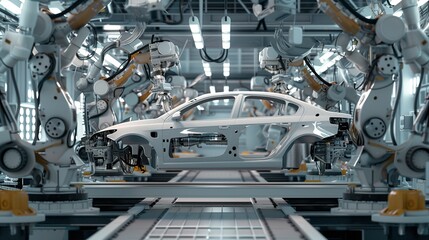 Car Being Assembled on Factory Assembly Line. Generative AI - obrazy, fototapety, plakaty