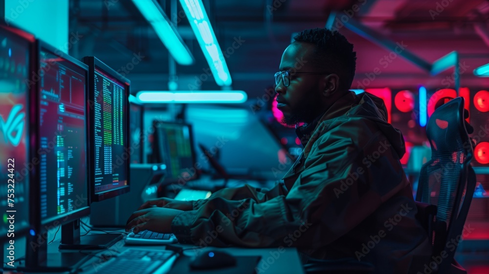 Poster man working in modern machine room. generative ai