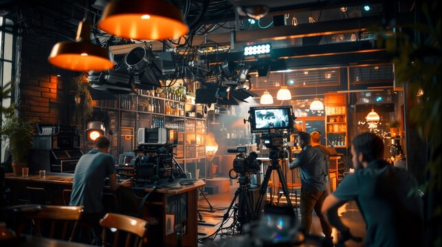 Group of People in Room With Lights. Generative AI