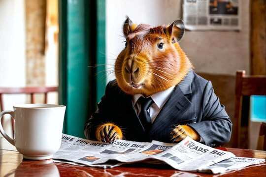 A small brown rodent is sitting on a table with a newspaper in front of it