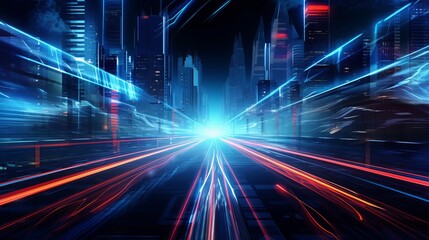 A futuristic vector illustration showcases light trails in a cyberpunk style, evoking a sense of speed in an urban night setting.