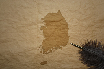 map of south korea on a old paper background with old pen