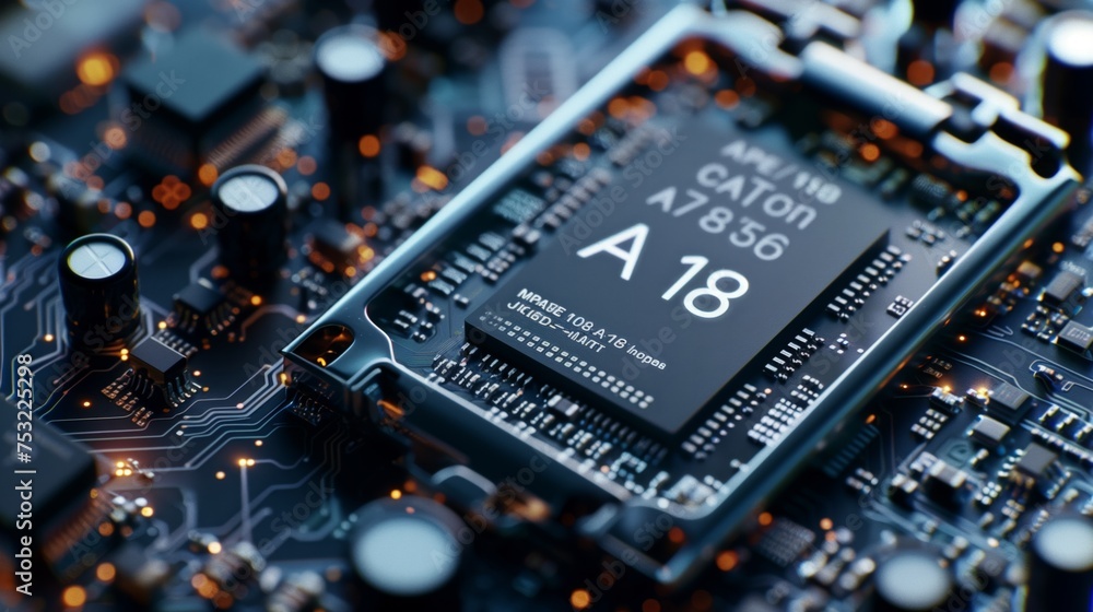 Poster close up of cpu chip on motherboard. generative ai