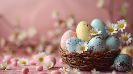 Obraz premium Colourful Easter eggs in a nest, surrounded by daisies and on a pale pink background