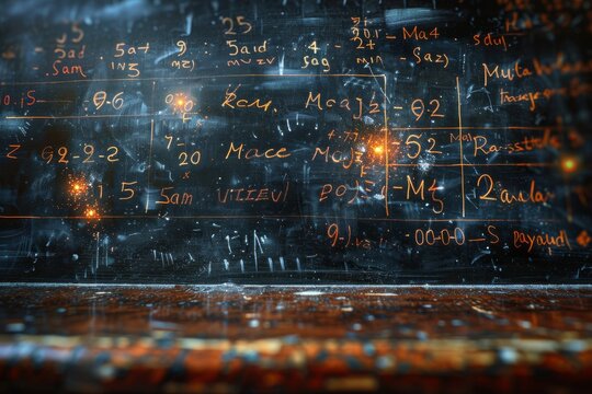 Intricate mathematical equations and formulas on a transparent board with glowing effects, hinting innovation