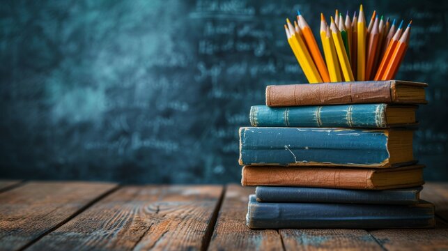 Back to school concept. School supplies on a desk in the classroom. Books and pencils on the background of the school board