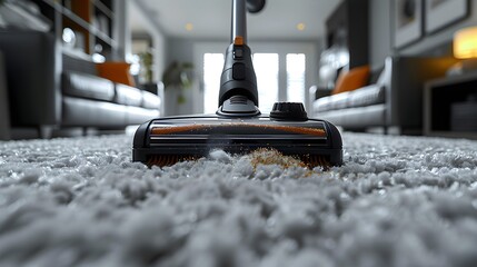 The process of vacuuming a thick, plush carpet in a sunny living room - obrazy, fototapety, plakaty