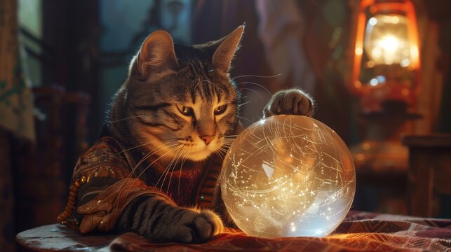 Cat Sitting on Bed With Crystal Ball. Generative AI