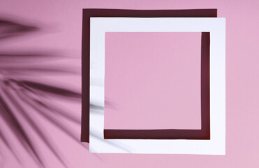 Minimal layout. Square frame with palm leaf shadow on pink background