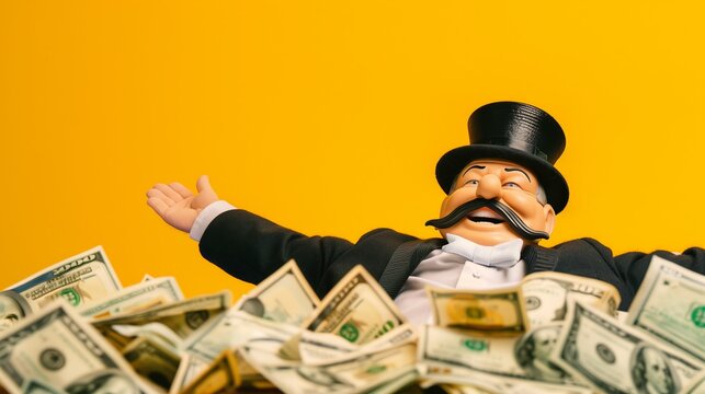 Wealthy Man in Top Hat Surrounded by Money. Generative AI