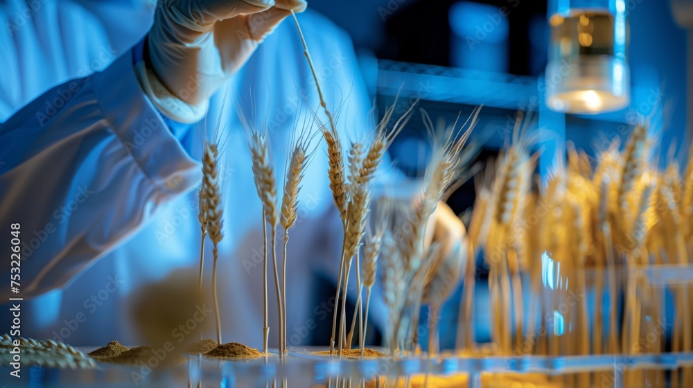 Poster scientist examining wheat stalk in lab. generative ai
