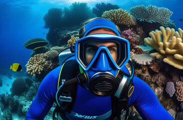 close up portrait of a diver, tropical sea underwater background