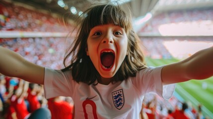 A jubilant soccer fan celebrates a goal, cheering and clapping in a stadium filled with spectators during a crucial match. AIG41
