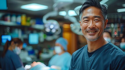 Naklejka premium Asian Doctor Smiles in Scrubs. Generative AI