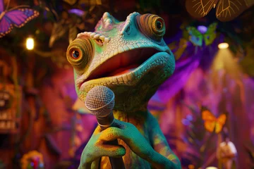 Fotobehang In a rainforest comedy club, a highly detailed chameleon takes the stage, changing colors with each punchline, AI generated © Yavor