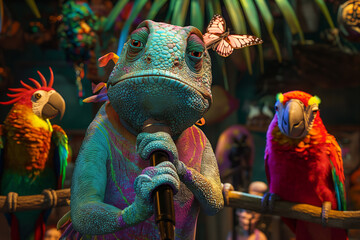 In a rainforest comedy club, a highly detailed chameleon takes the stage, changing colors with each punchline, AI generated