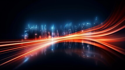 Fototapeta na wymiar A vector illustration showcases waves and curves of light trails, depicting city transport cars driving on an abstract highway with glowing lights against a dark background.