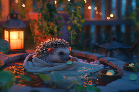 A hedgehog indulges in a backyard spa day, complete with a tiny robe and cucumber eye masks, AI generated
