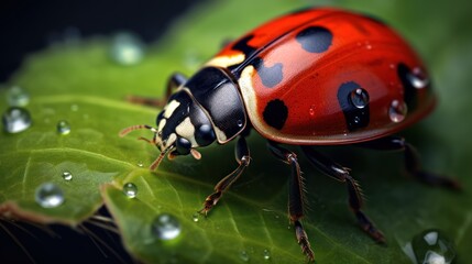 Beautiful ladybug on green leaf with dew drops close up. Wildlife Concept with Copy Space. 