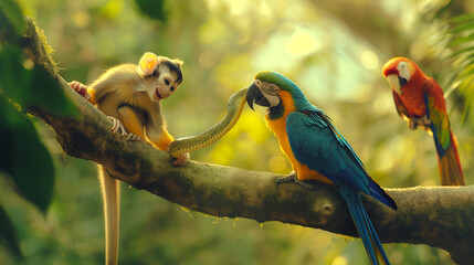 A playful monkey and a cunning snake engage in a friendly but competitive game of vine-swinging antics,  - obrazy, fototapety, plakaty