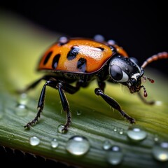 Macro of ladybug on green leaf with dew drops. Wildlife Concept with Copy Space. 