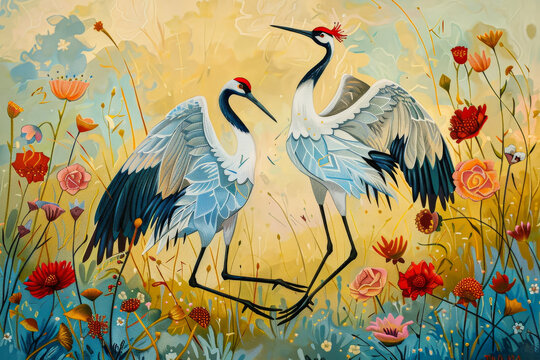 A pair of cranes dance in a sun-kissed meadow. Their wings create intricate patterns, celebrating longevity and fidelity.