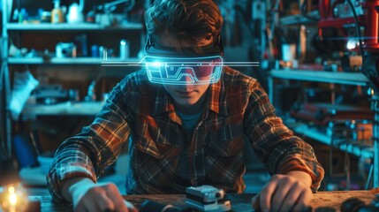Fototapeta na wymiar Man in Virtual Reality Headset Carving Wood. Generative AI