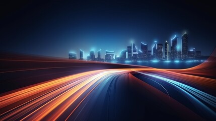 A vector illustration showcases waves and curves of light trails, depicting city transport cars driving on an abstract highway with glowing lights against a dark background.