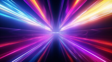 Abstract futuristic tunnel with colorful neon lights is depicted in a long exposure background.