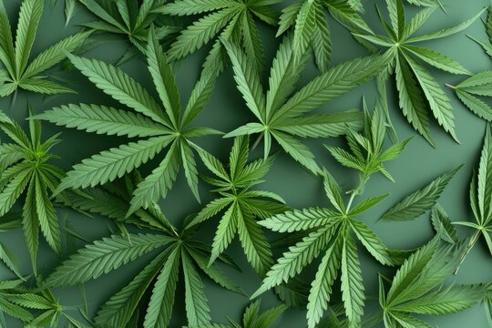 Idealistic cannabis leaf on green background, texture pattern, top view. Marijuana leaves backdrop