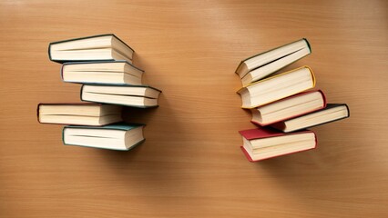 An overhead view of rows of books with colored covers on a wooden table.