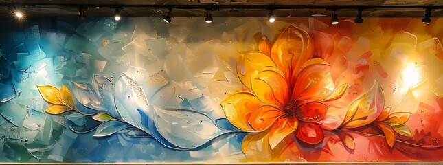 Enchanting floral-themed mural in a warmly lit space, where vibrant, flowing petals seem to dance under soft lights.