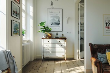 White living room corner with dresser and poster