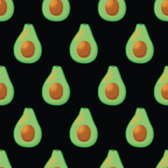 Avocado seamless pattern. Bright green whole fruit or vegetables with a large seed. Food for a healthy diet. Vector flat cartoon illustration isolated on background