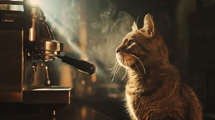 Cat Sitting Beside Coffee Maker. Generative AI