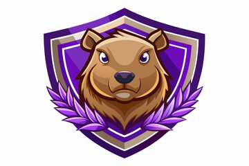 capybarakopf ganz leicht nach links gedreht mit selbstbewusstem blick logo 3d wappen schild ist purple mit kranzaußerhalb vom schild mit weißem hintergrund 