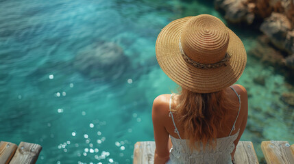 Summer holiday fashion concept - tanning woman wearing sun hat on a wooden pier view from above.