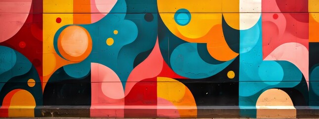 Vibrant abstract mural with curvilinear shapes in a rich palette, juxtaposing warm and cool colors on an urban wall.