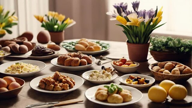 The Easter table is decorated with a variety of traditional dishes, including colored eggs, Easter cakes and fresh spring flowers in pots.
Concept: festive events about cooking, creating menus 
