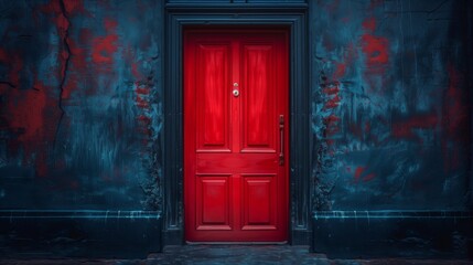 Red Door Against Blue Wall. Generative AI
