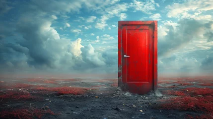 Fotobehang Grijs Red Door Standing Alone in Field. Generative AI