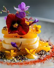 Fotobehang Tomato salad with edible flowers and berries on a black plate. A close-up shot of a gourmet dish with added extras like edible flowers and intricate garnishes, creating a visually stunning culinary. © Oskar Reschke