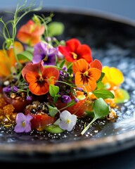 Tomato salad with edible flowers and berries on a black plate. A close-up shot of a gourmet dish with added extras like edible flowers and intricate garnishes, creating a visually stunning culinary.