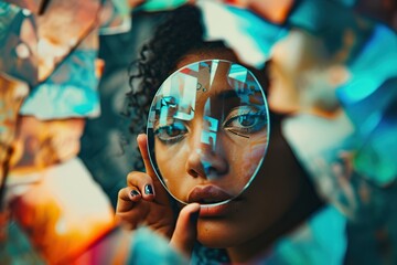 Young african american woman looking at reflection in mirror. Portrait of young black woman. A close-up shot of a person holding a mirror reflecting their own diverse reflections. - obrazy, fototapety, plakaty