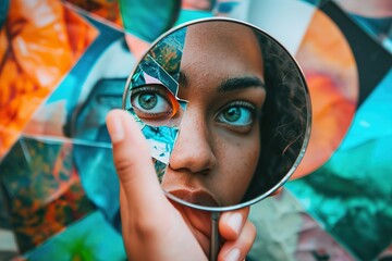Young african american woman looking at reflection in mirror. Portrait of young black woman. A close-up shot of a person holding a mirror reflecting their own diverse reflections. - obrazy, fototapety, plakaty
