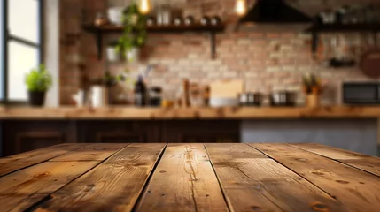 Keuken spatwand met foto Wooden Table Top in Front of Brick Wall. Generative AI © MIKHAIL