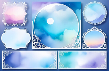 Blue purple watercolor background card cover. Set of abstract pastel pink watercolor circles design. Copy space for text